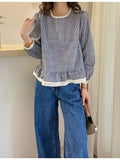 Floreya Plaid Lantern Sleeve Shirt Kaki - billede 1