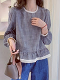 Floreya Plaid Lantern Sleeve Shirt Dyb Blå - billede 1