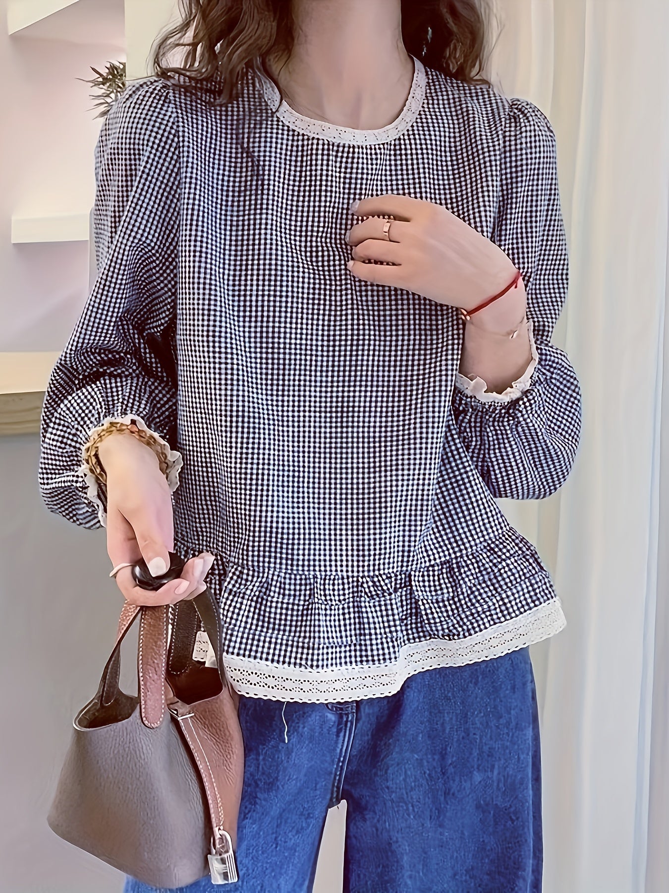 Floreya Plaid Lantern Sleeve Shirt Dyb Blå - billede 1