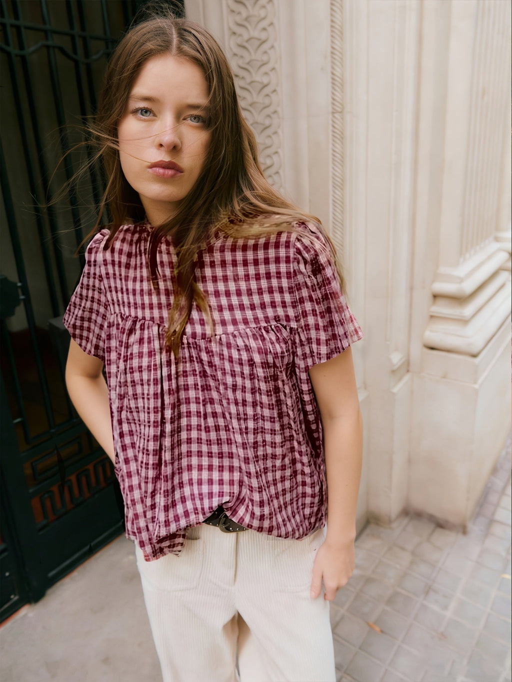 Floreya Gingham Puff Short Sleeve Top - billede 1