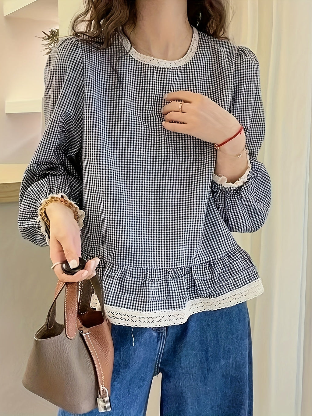 Floreya Plaid Lantern Sleeve Shirt Kaki - billede 2