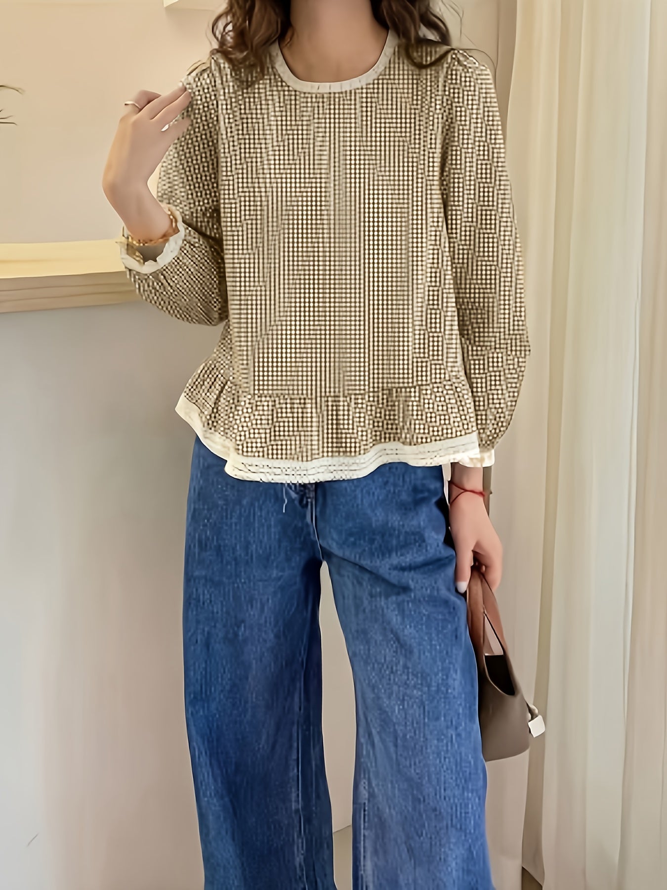 Floreya Plaid Lantern Sleeve Shirt Sort Hvid - billede 2