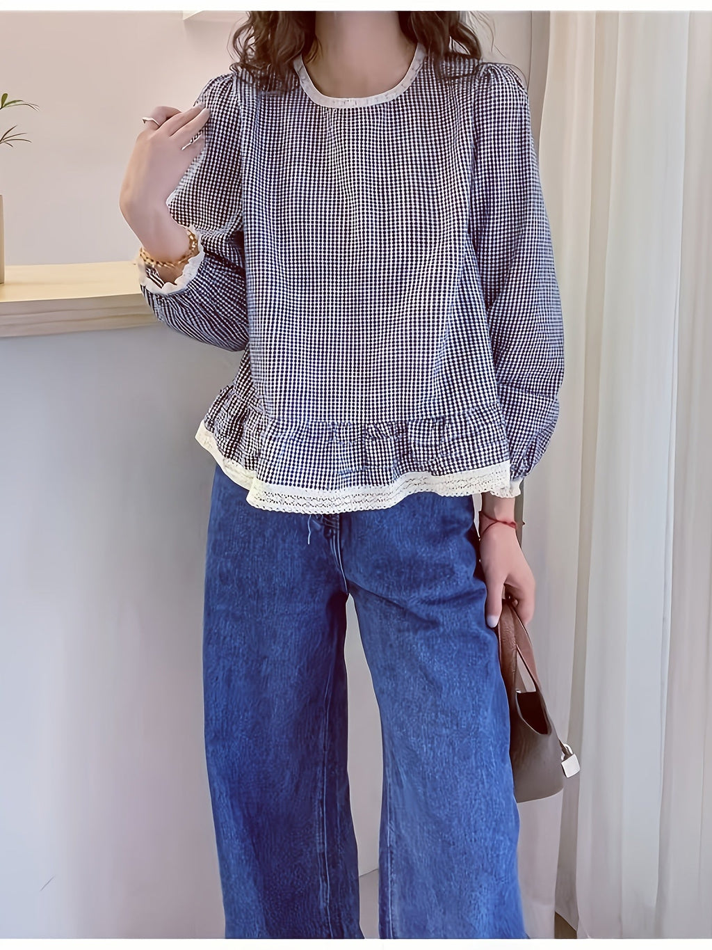 Floreya Plaid Lantern Sleeve Shirt Dyb Blå - billede 3