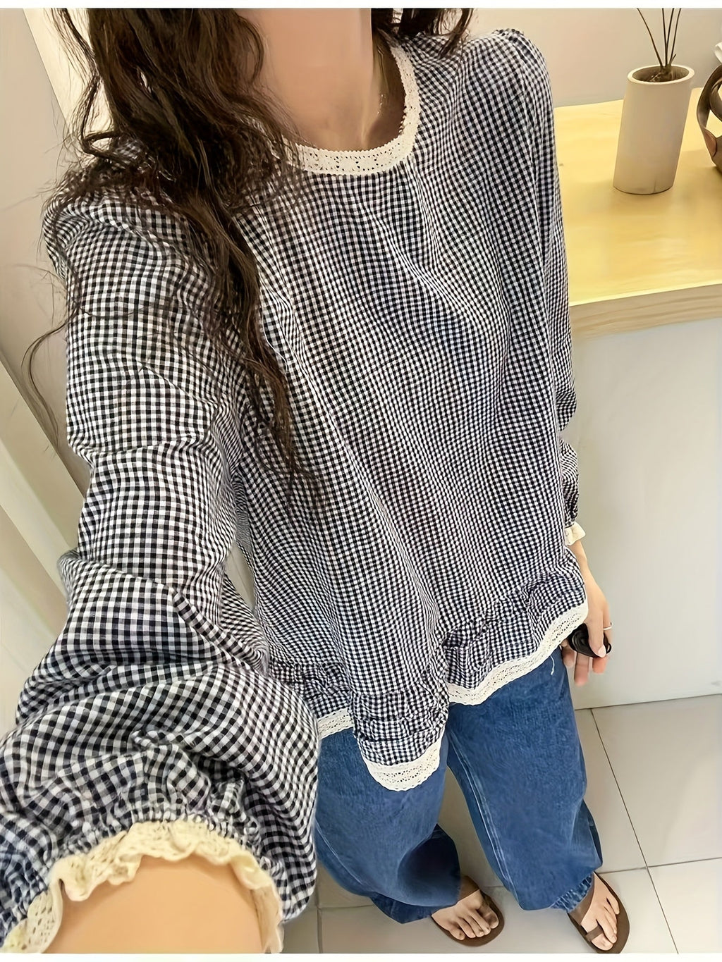 Floreya Plaid Lantern Sleeve Shirt Kaki - billede 3