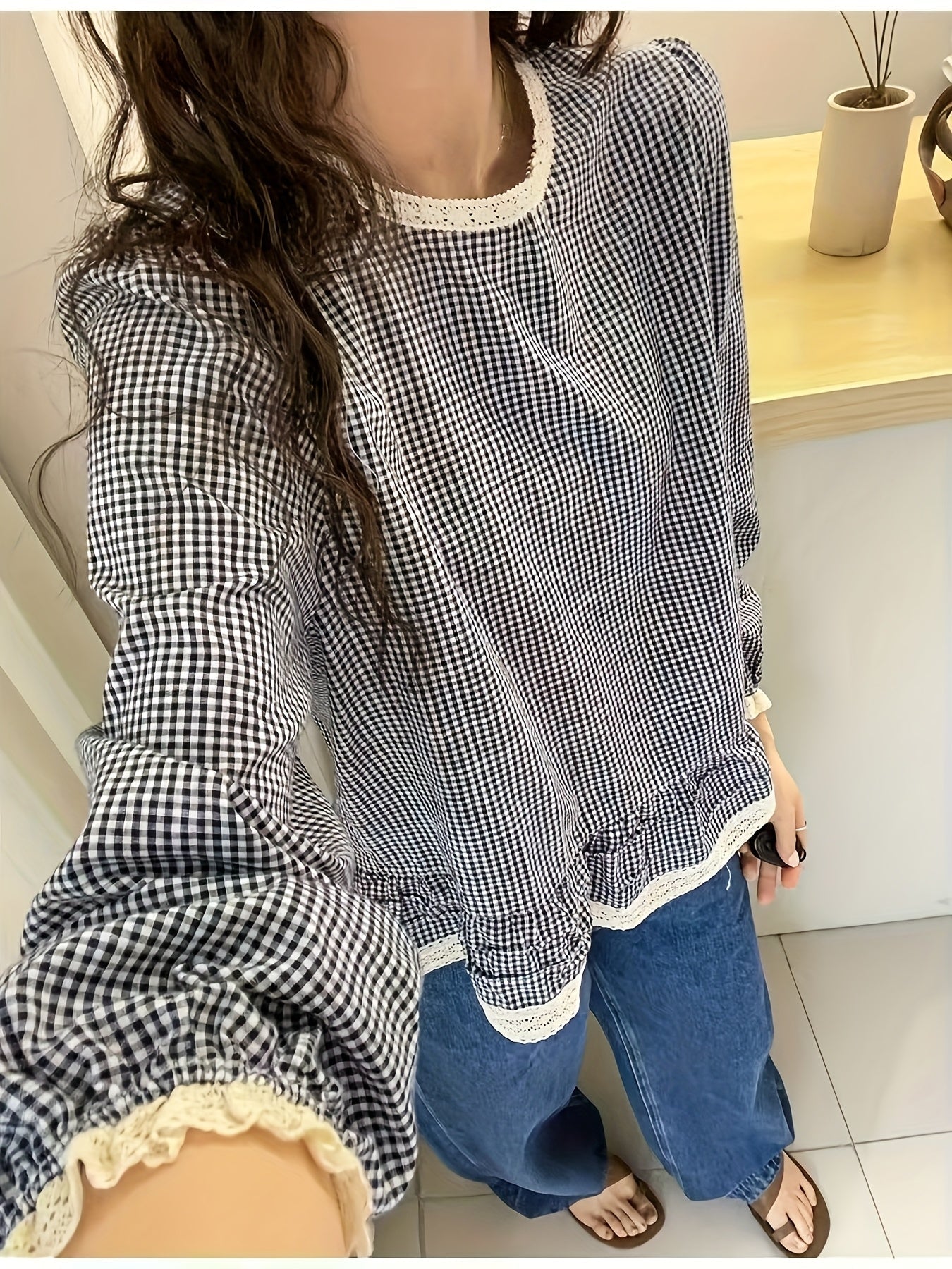 Floreya Plaid Lantern Sleeve Shirt Kaki - billede 3