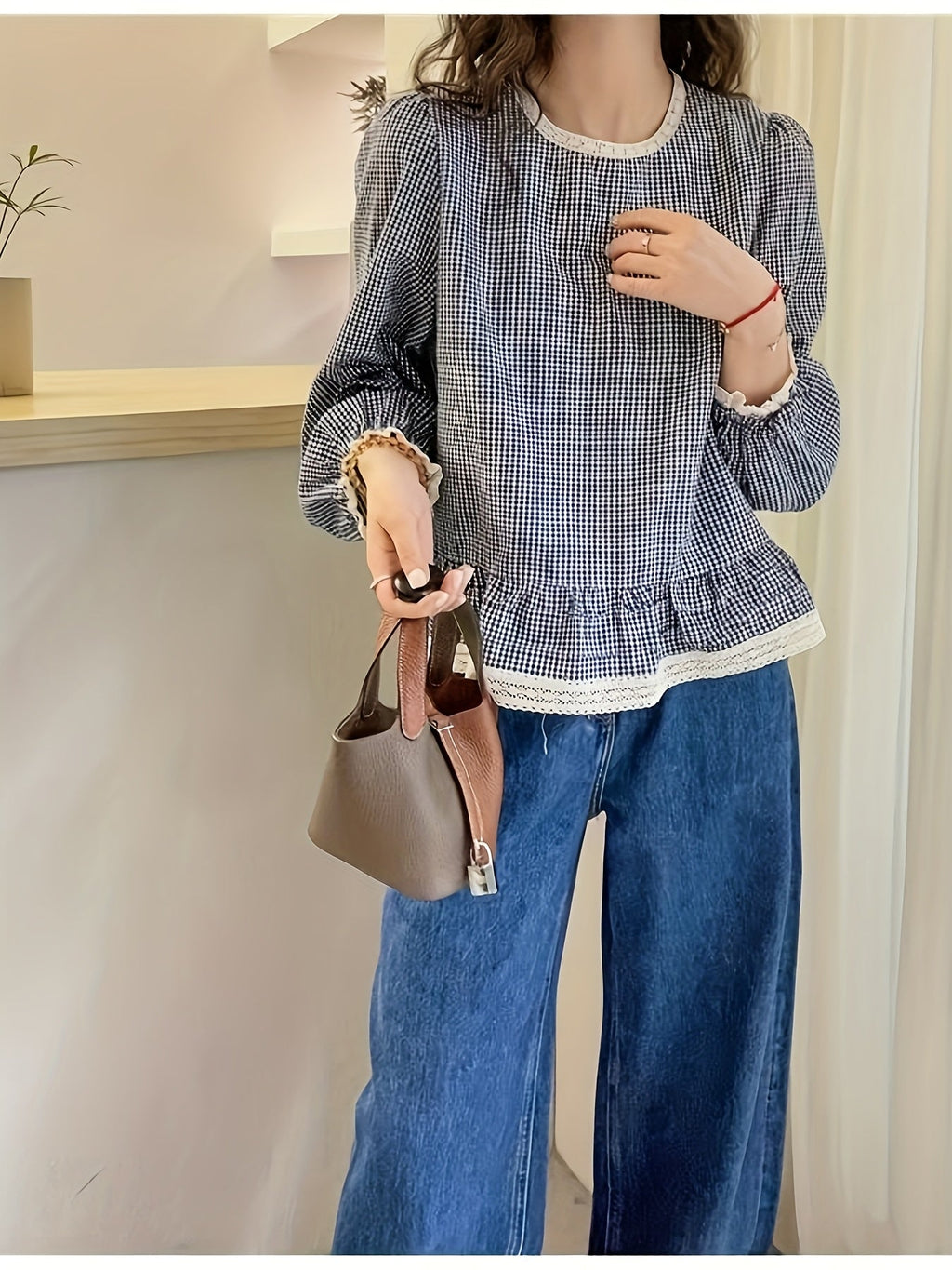 Floreya Plaid Lantern Sleeve Shirt Kaki - billede 4