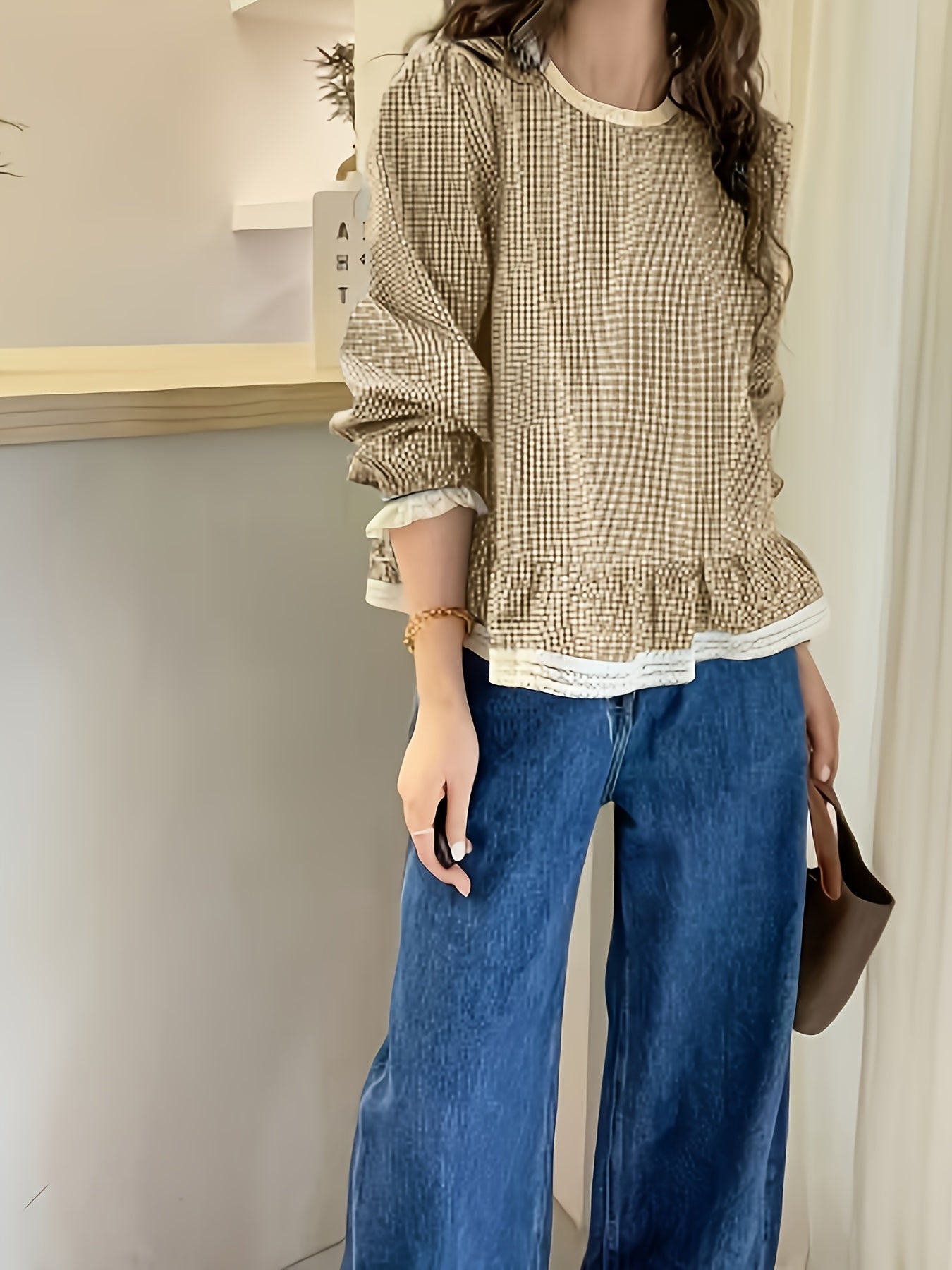 Floreya Plaid Lantern Sleeve Shirt Sort Hvid - billede 4