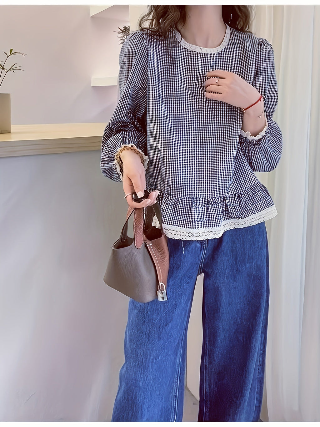 Floreya Plaid Lantern Sleeve Shirt Dyb Blå - billede 4