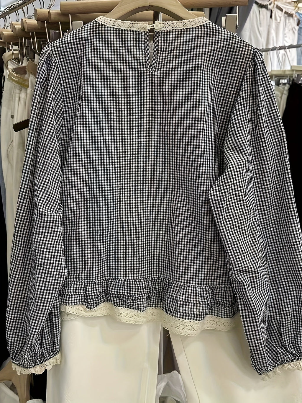 Floreya Plaid Lantern Sleeve Shirt Kaki - billede 5