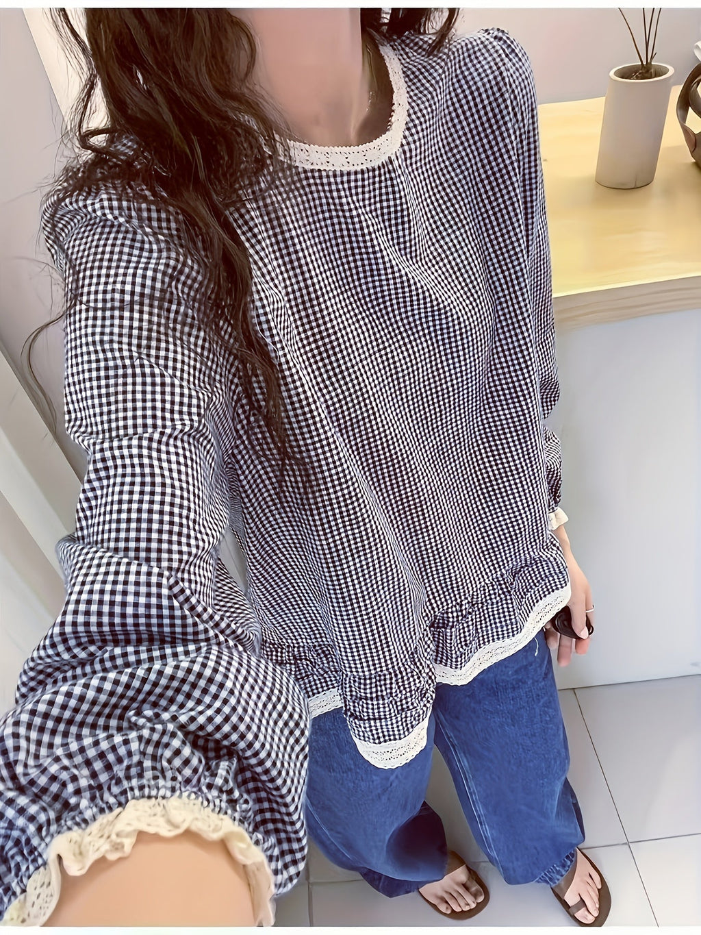 Floreya Plaid Lantern Sleeve Shirt Dyb Blå - billede 5