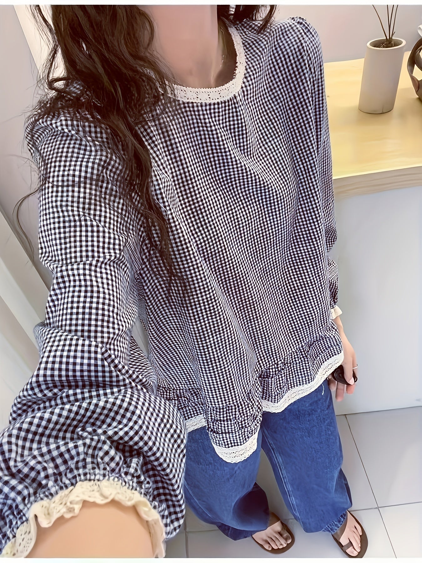 Floreya Plaid Lantern Sleeve Shirt Dyb Blå - billede 5