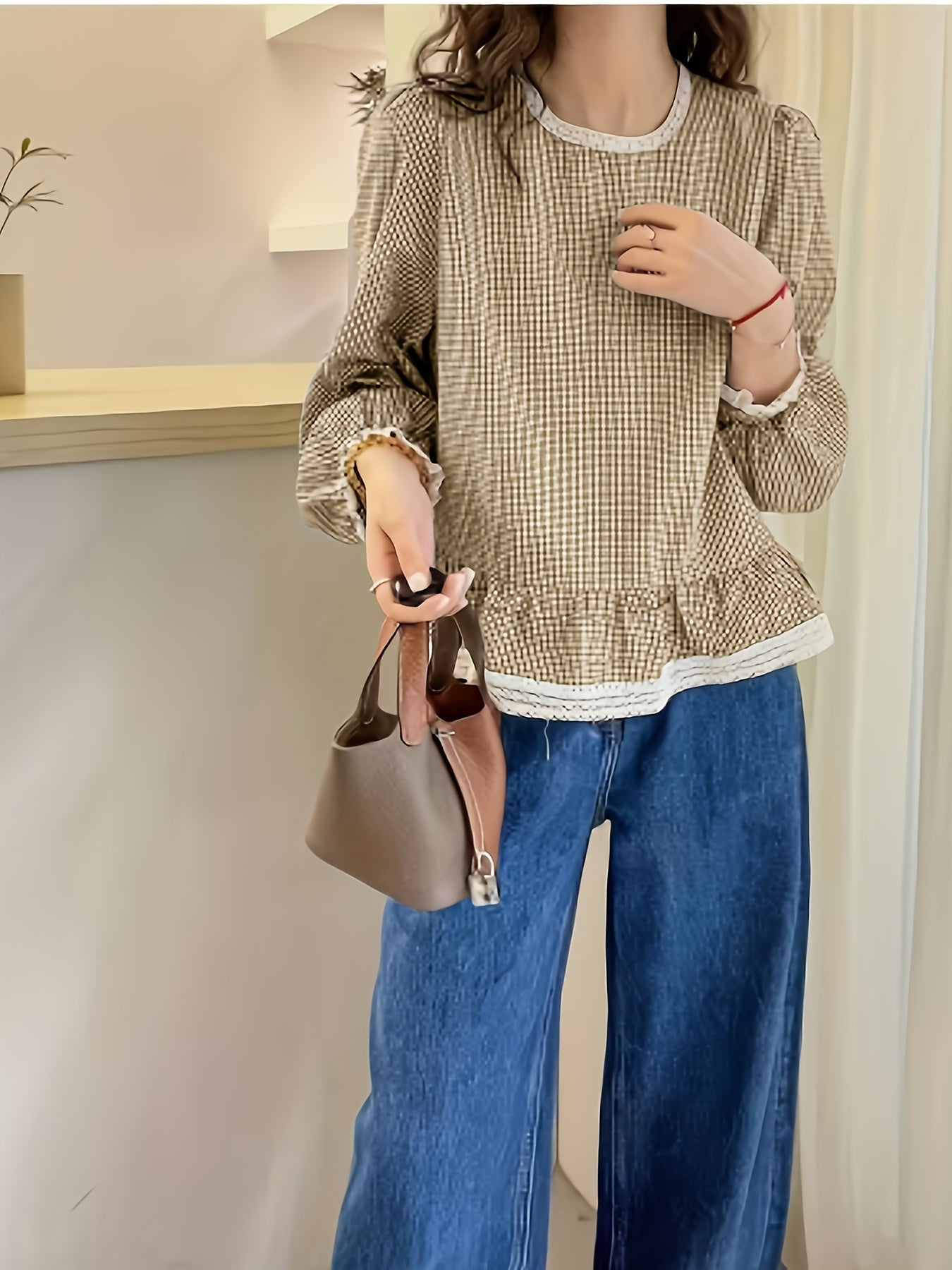Floreya Plaid Lantern Sleeve Shirt Sort Hvid - billede 5