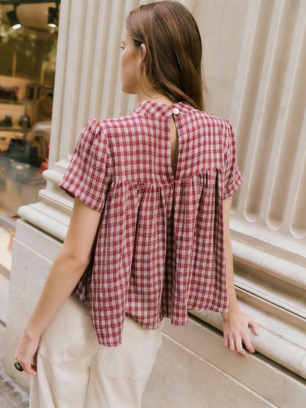 Floreya Gingham Puff Short Sleeve Top - billede 6