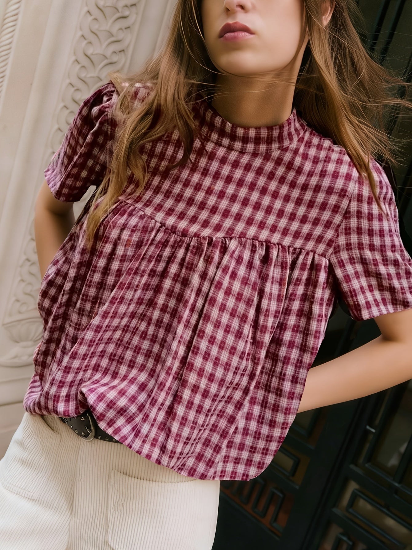 Floreya Gingham Puff Short Sleeve Top - billede 2