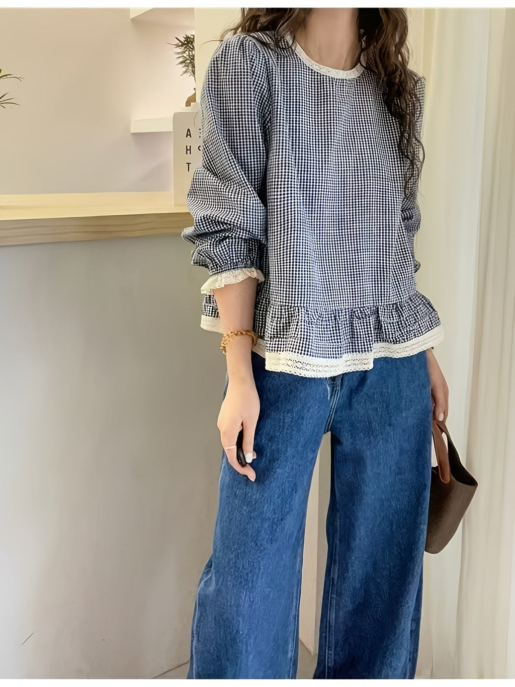 Floreya Plaid Lantern Sleeve Shirt Kaki - billede 6