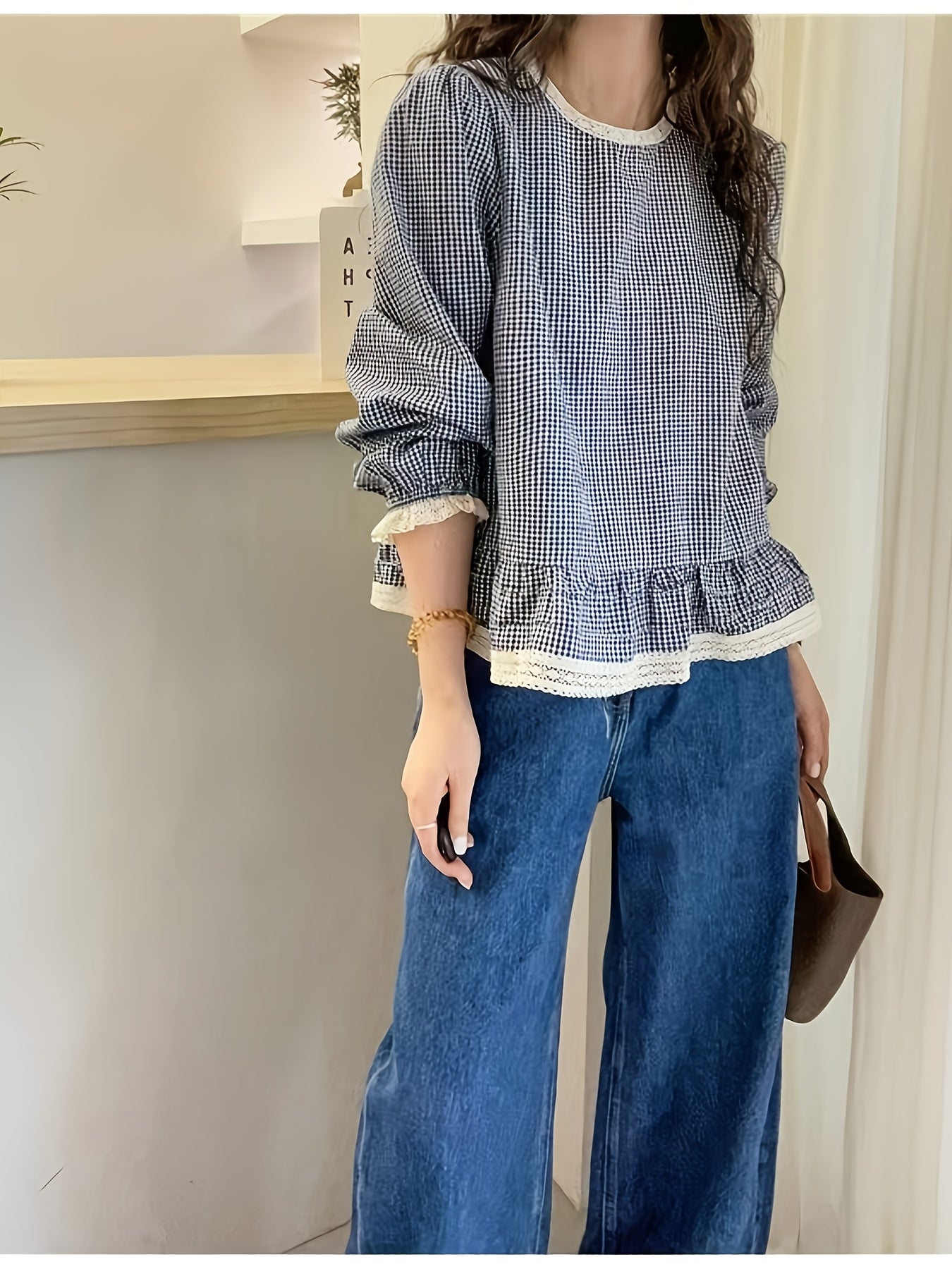 Floreya Plaid Lantern Sleeve Shirt Kaki - billede 6