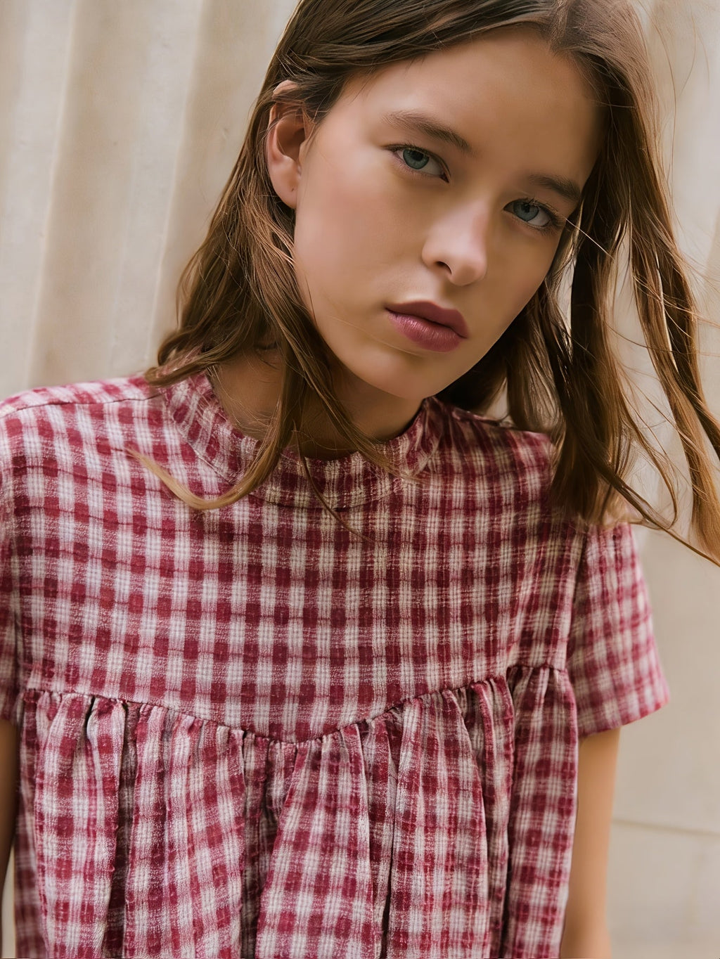 Floreya Gingham Puff Short Sleeve Top - billede 3