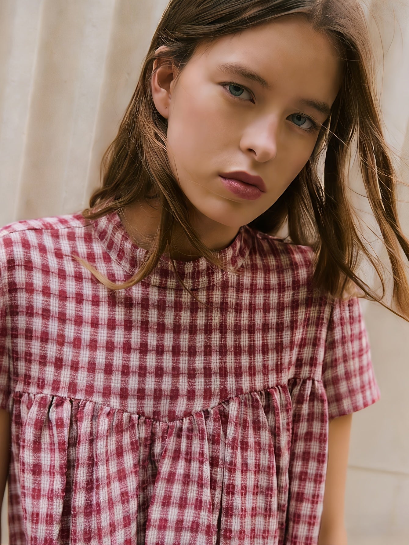 Floreya Gingham Puff Short Sleeve Top - billede 3