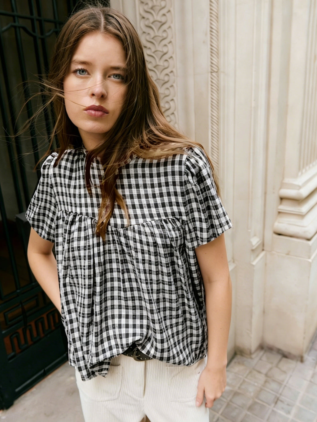 Floreya Gingham Puff Short Sleeve Top - billede 4