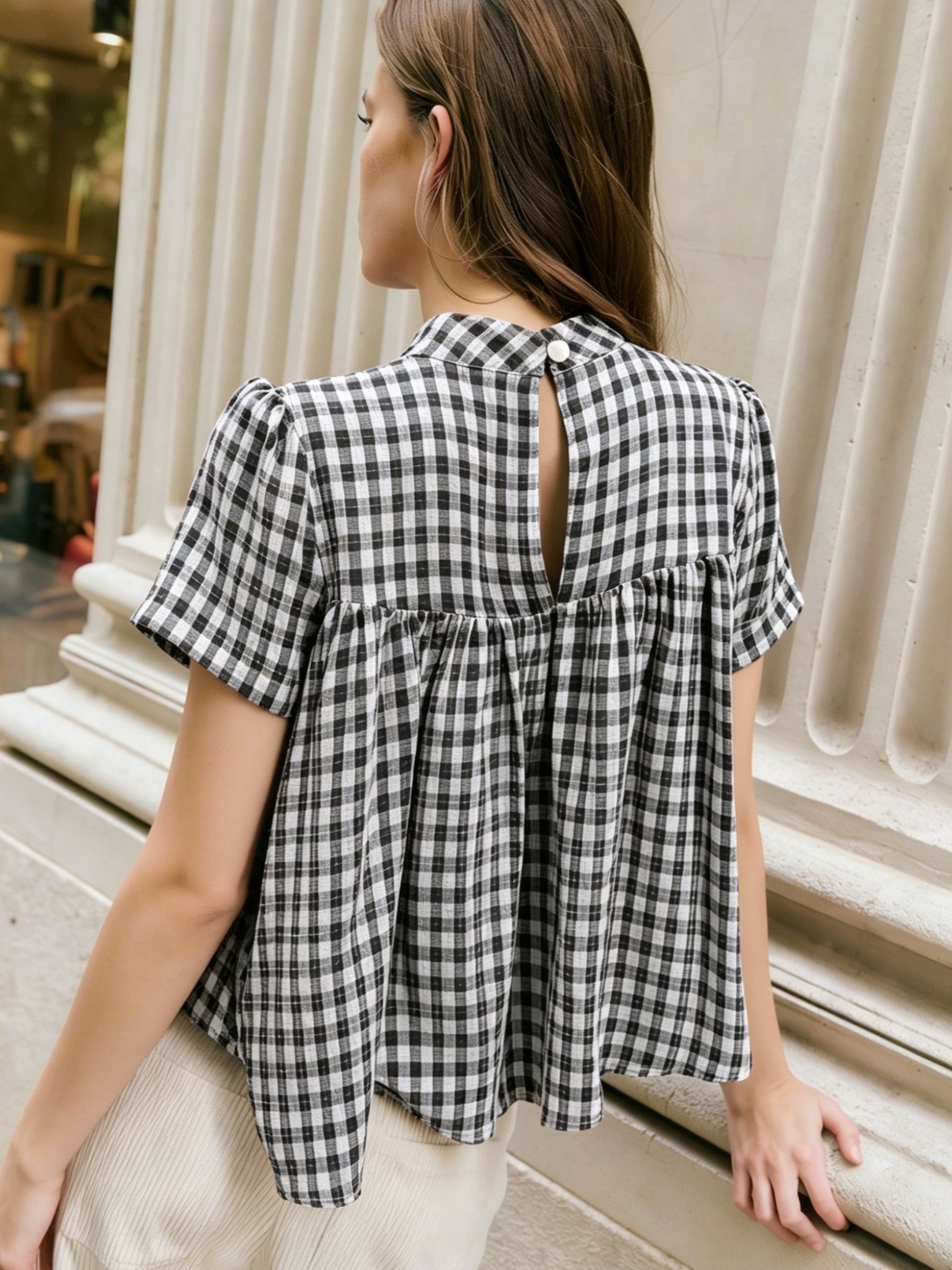 Floreya Gingham Puff Short Sleeve Top - billede 7