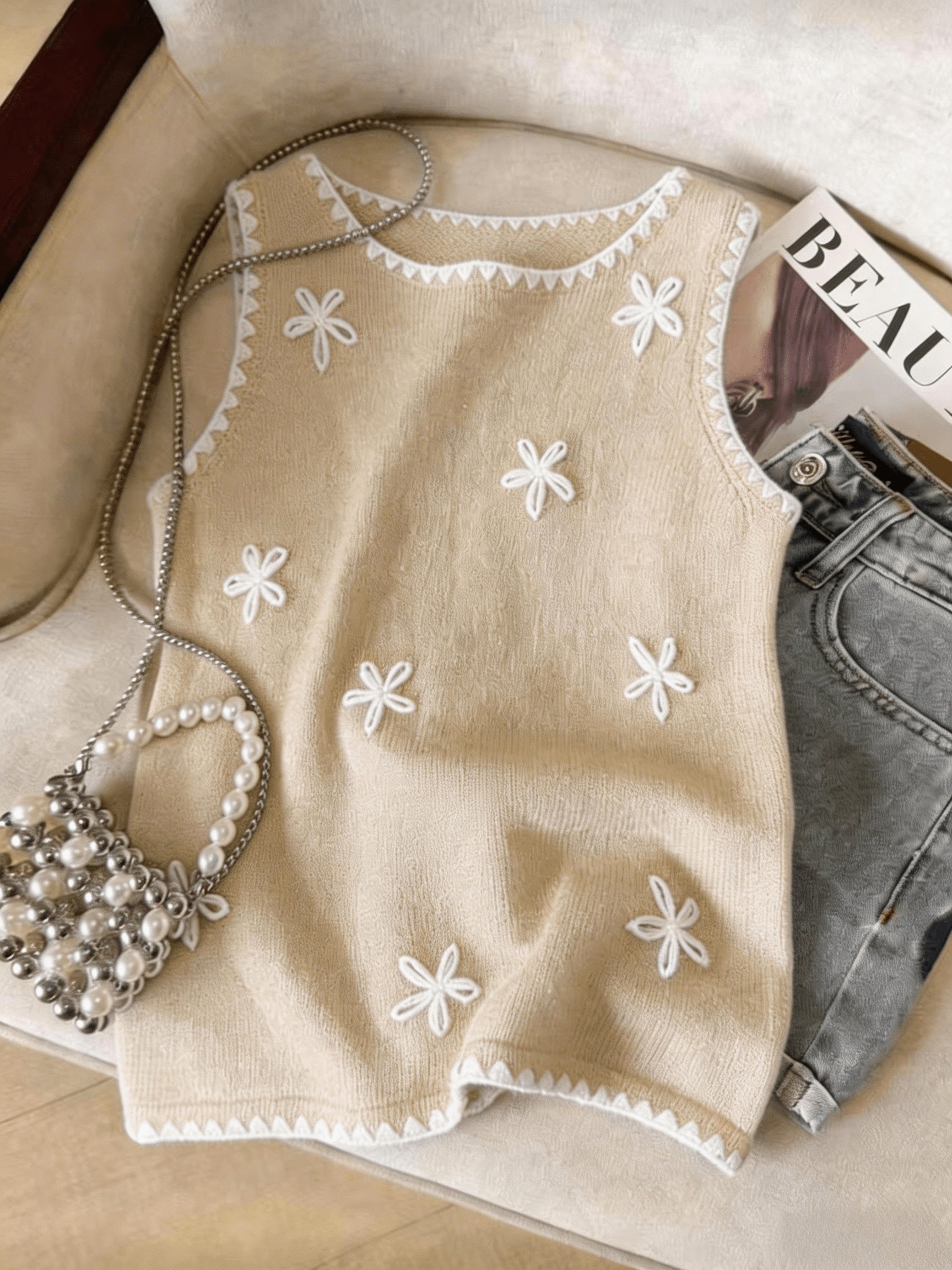 Floreya Floral Jacquard Knit Vest in Beige - front view