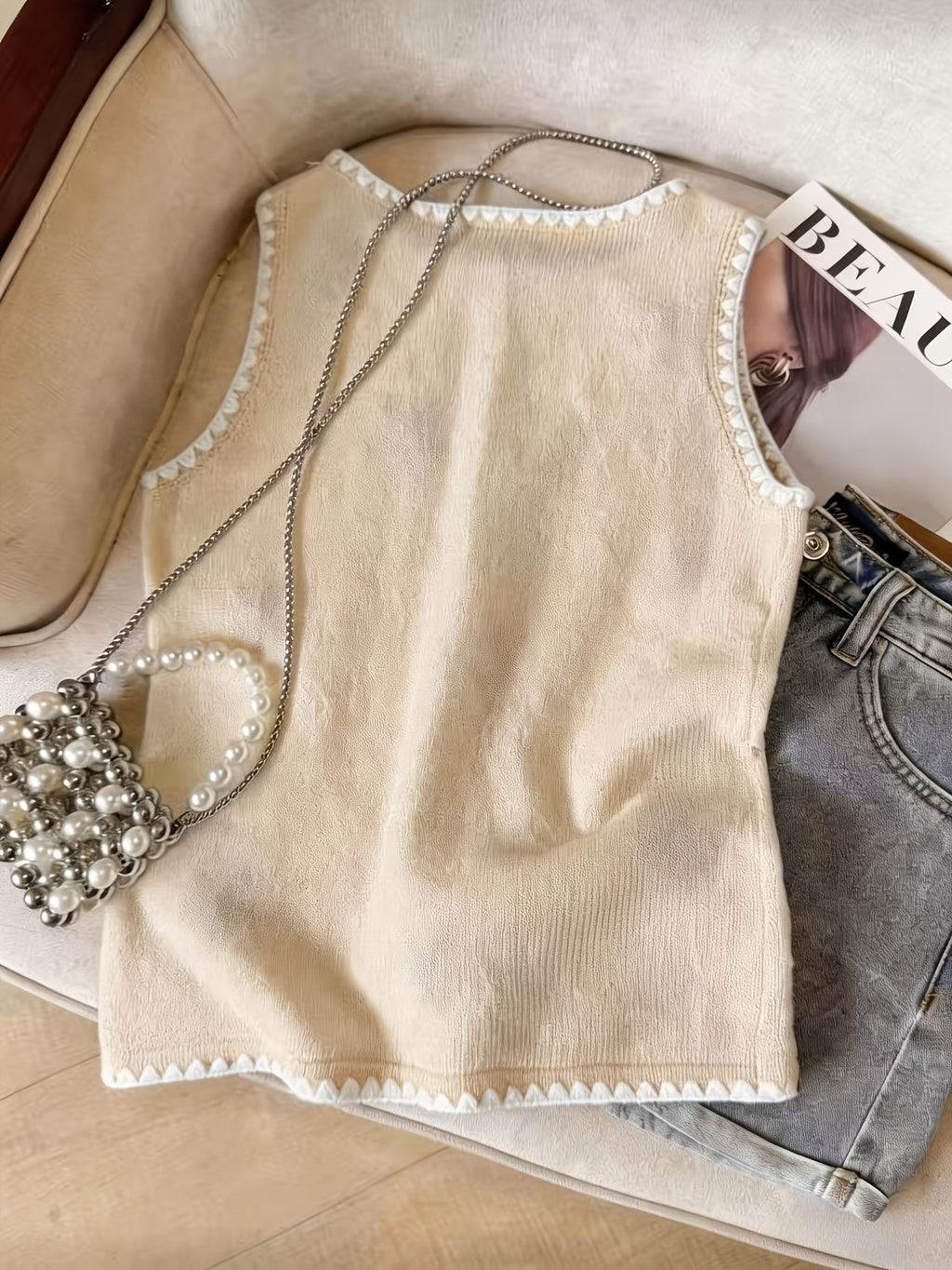 Floreya Floral Jacquard Knit Vest in Beige - back view