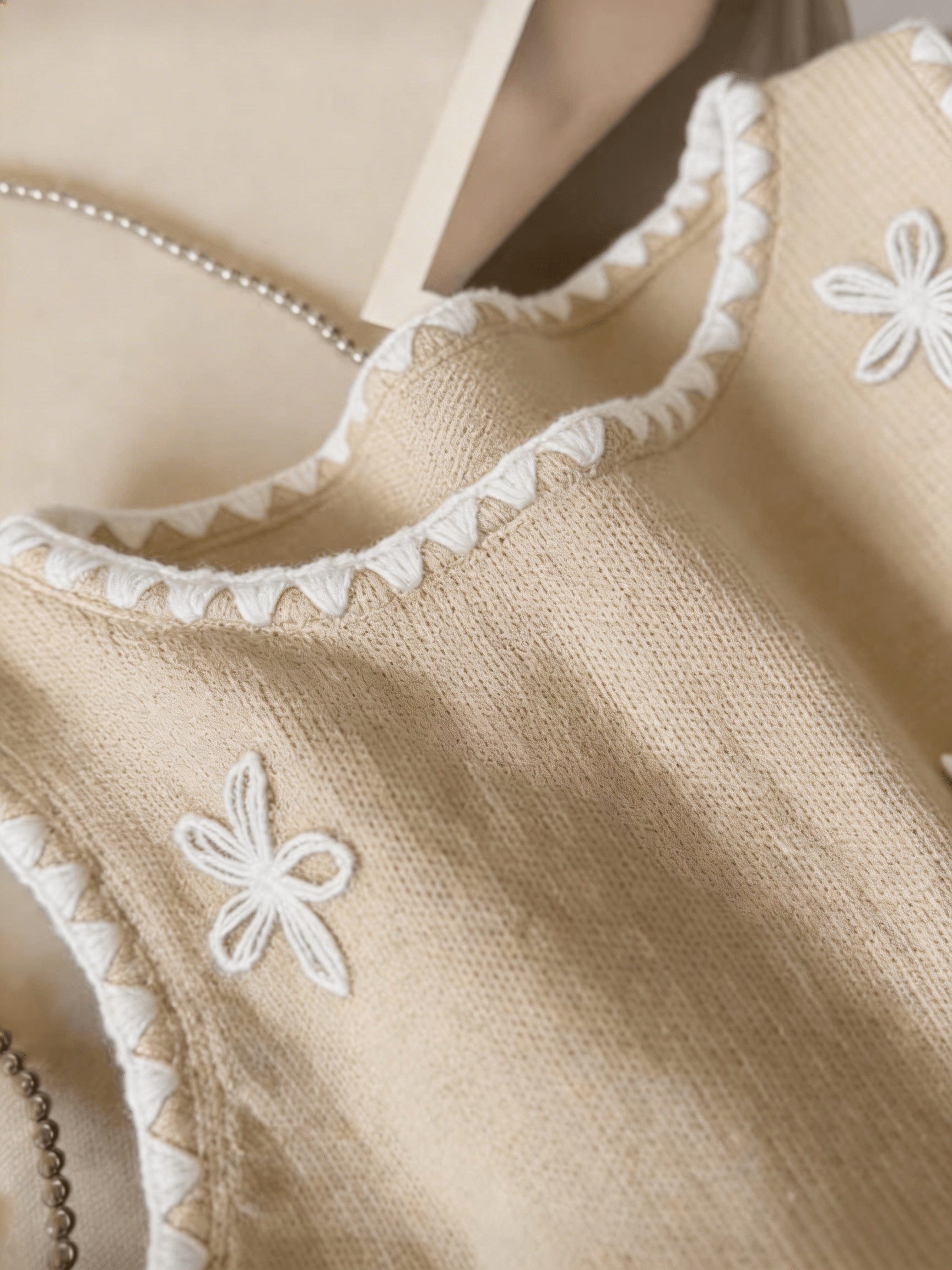Floreya Floral Jacquard Knit Vest in Beige - neckline detail