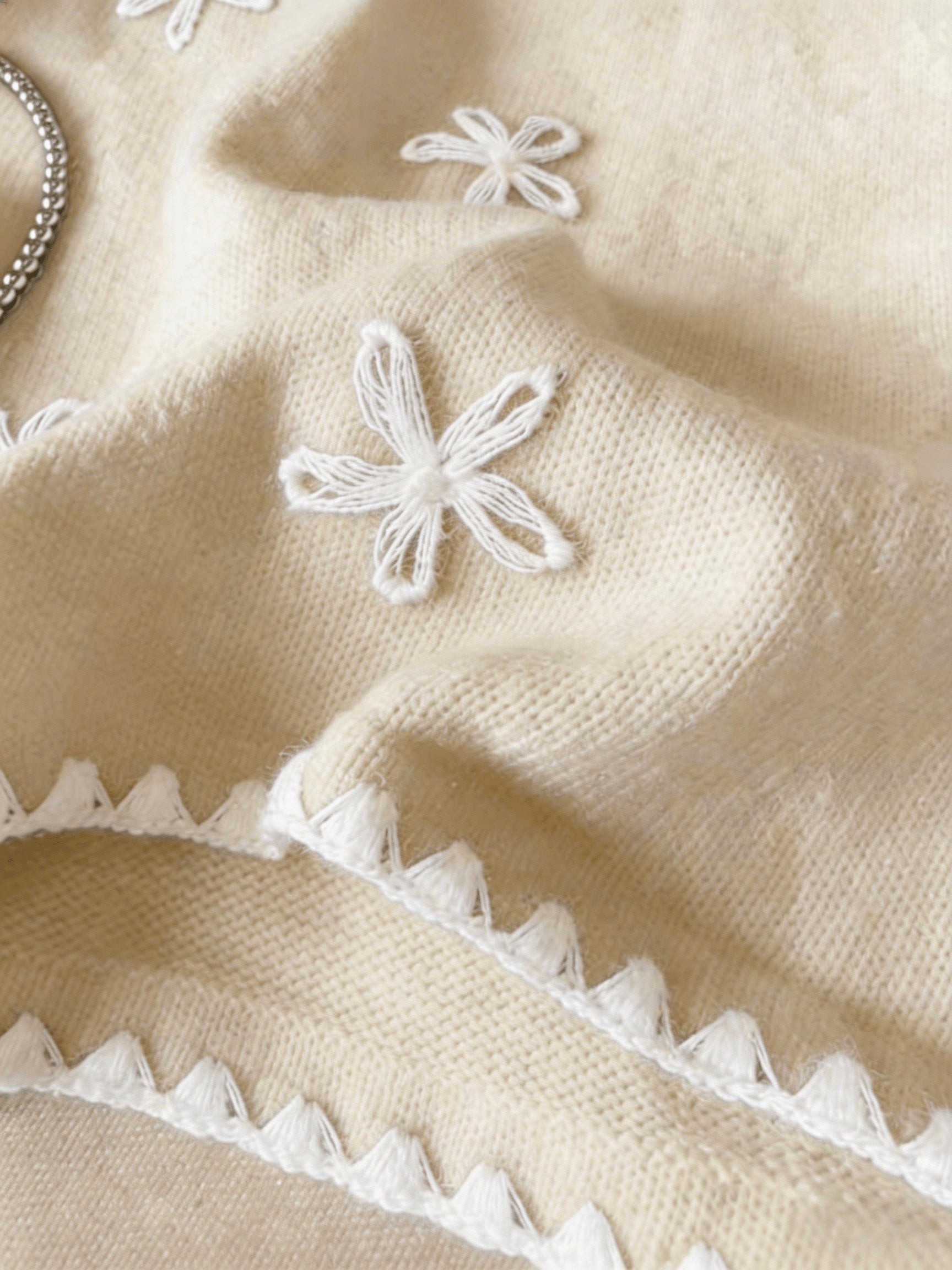 Floreya Floral Jacquard Knit Vest in Beige - embroidery close-up