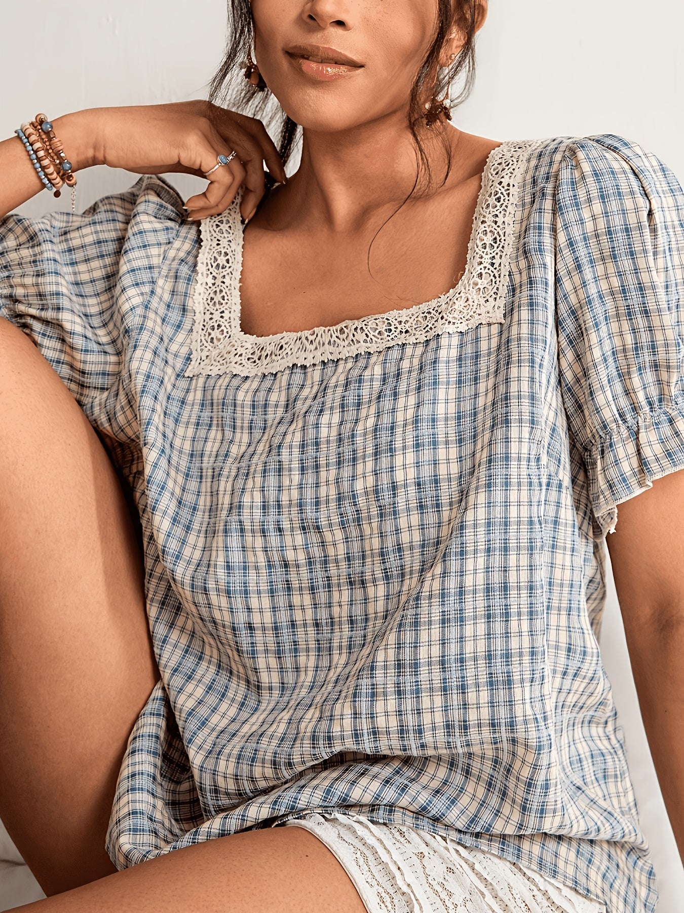 Floreya Floral Jacquard Knit Vest Blå Plaid - billede 1