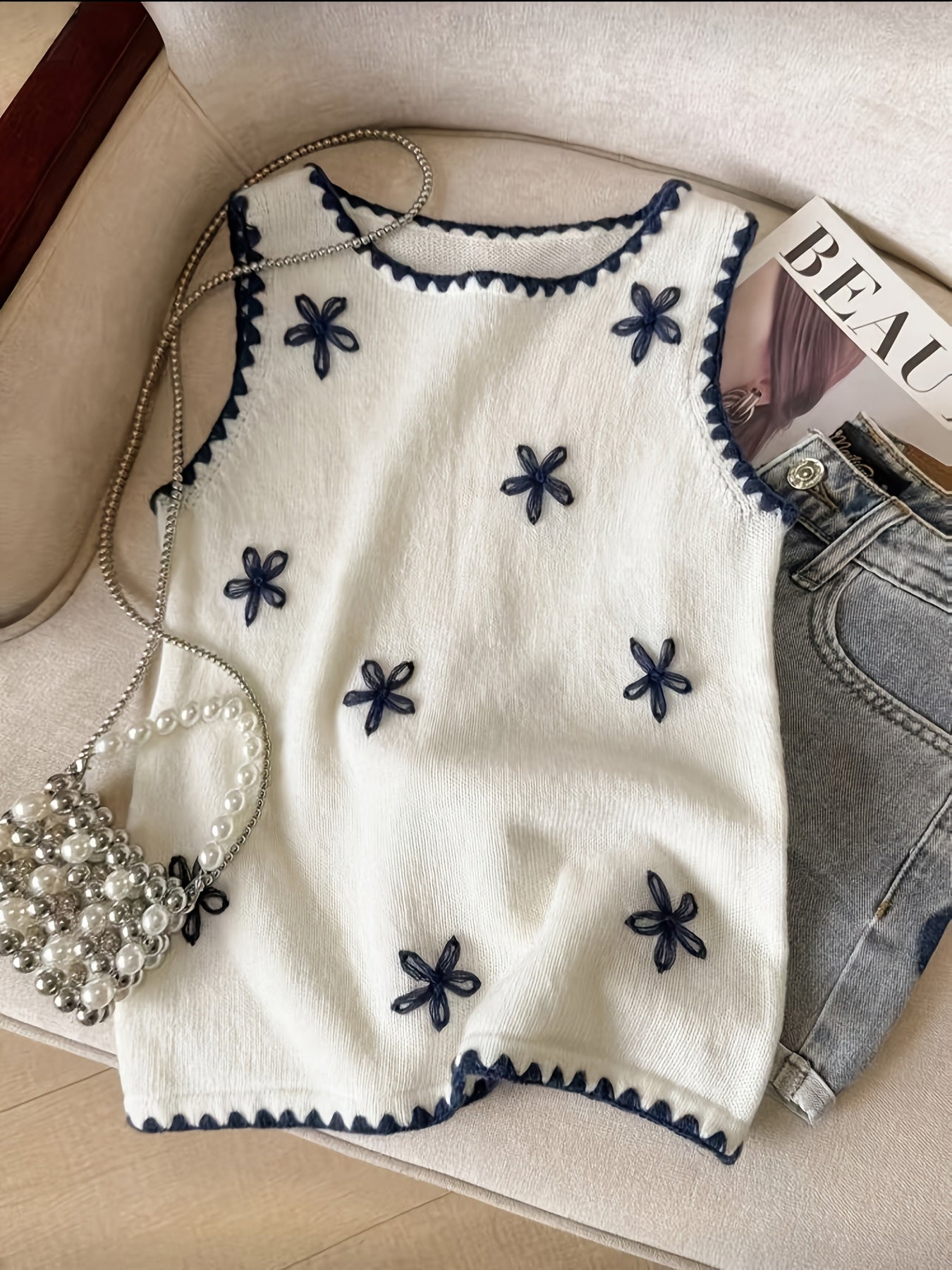 Floreya Floral Jacquard Knit Vest in Ivory - front view