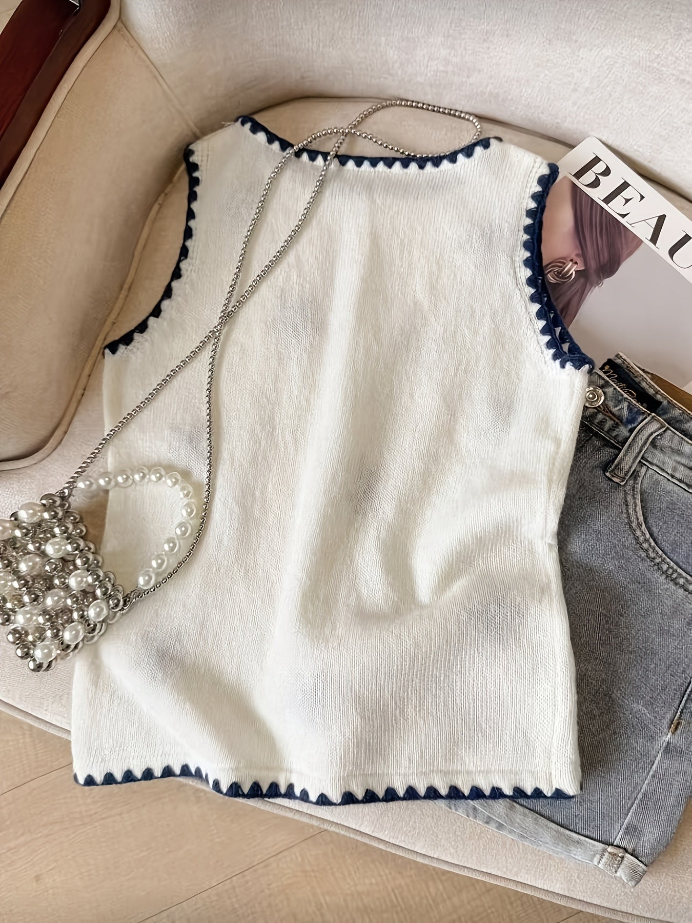 Floreya Floral Jacquard Knit Vest in Ivory - back view