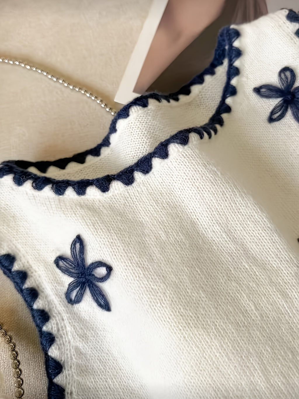 Floreya Floral Jacquard Knit Vest in Ivory - fabric texture