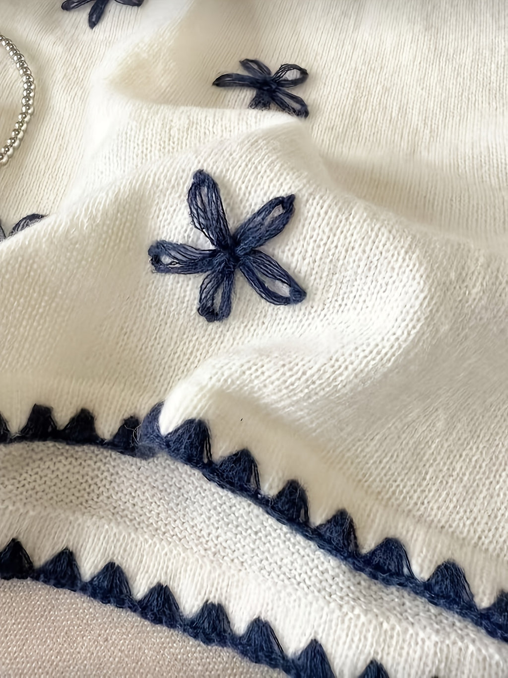 Floreya Floral Jacquard Knit Vest in Ivory - embroidery close-up