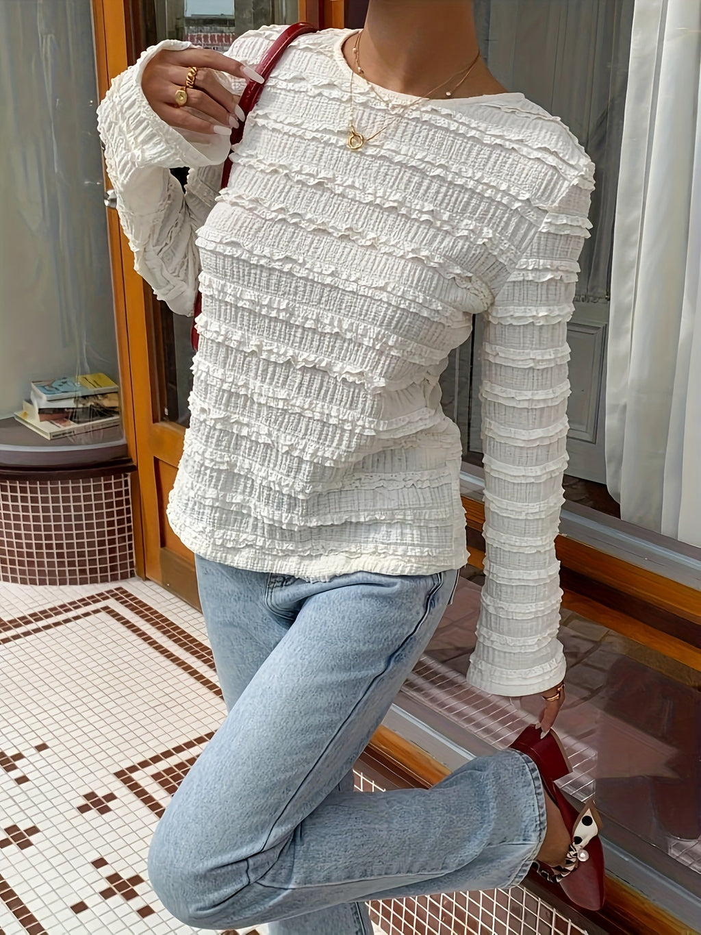 Floreya Textured Long Sleeve Tee Hvid - billede 2