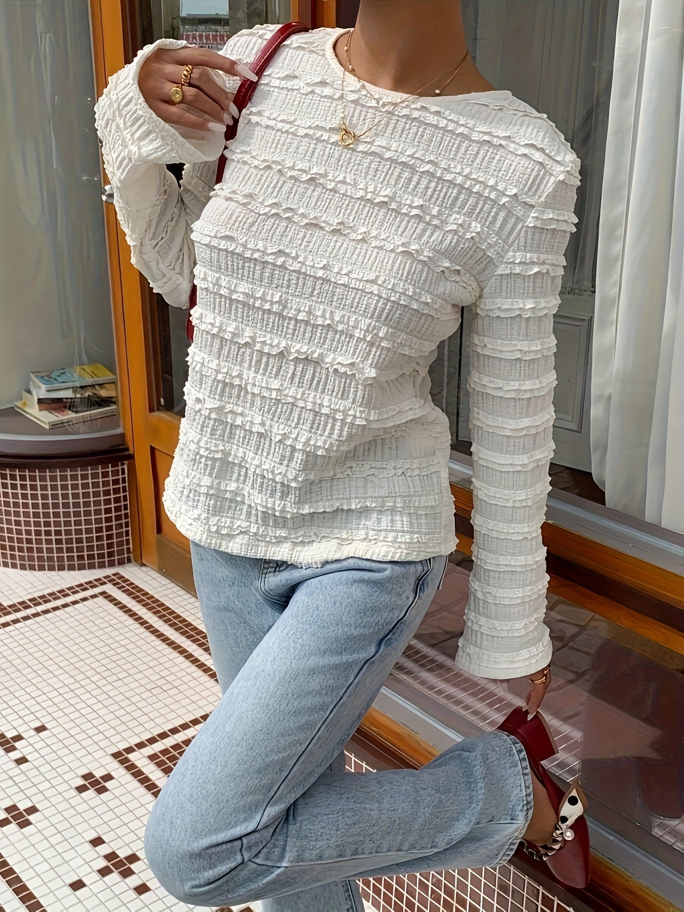 Floreya Textured Long Sleeve Tee Hvid - billede 2