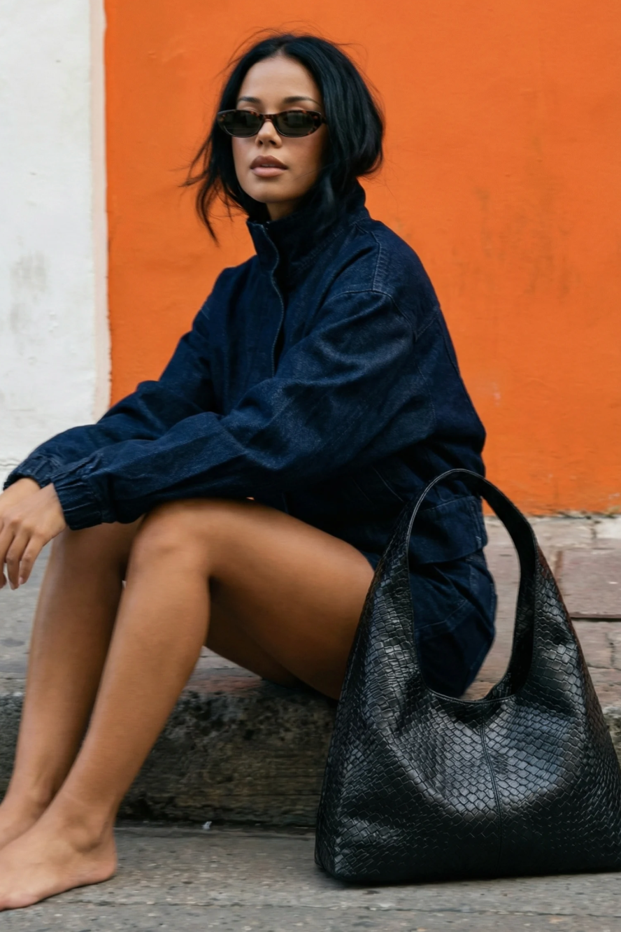 Dark Deep Blue Cropped Oversized Denim Jacket