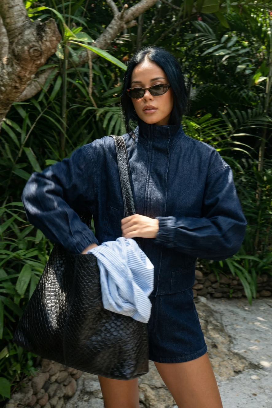 Dark Deep Blue Cropped Oversized Denim Jacket