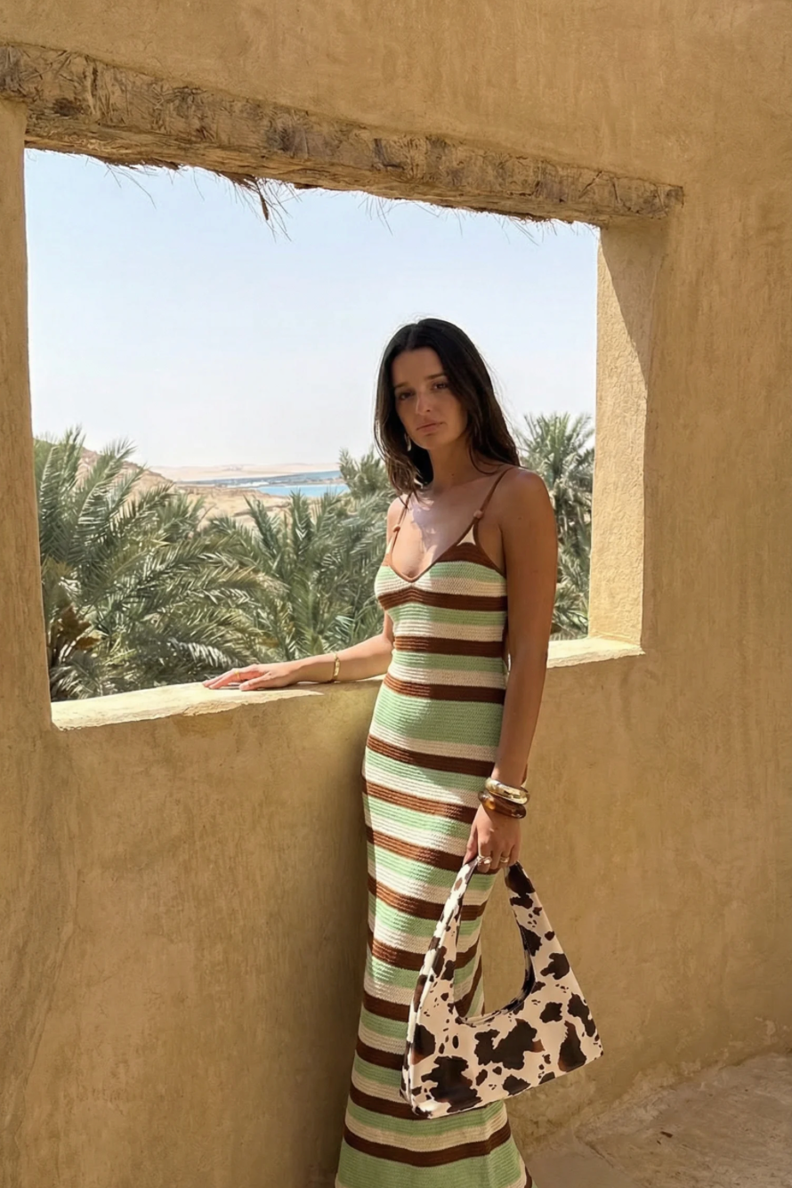 Mint & Mocha Striped Backless Maxi Dress