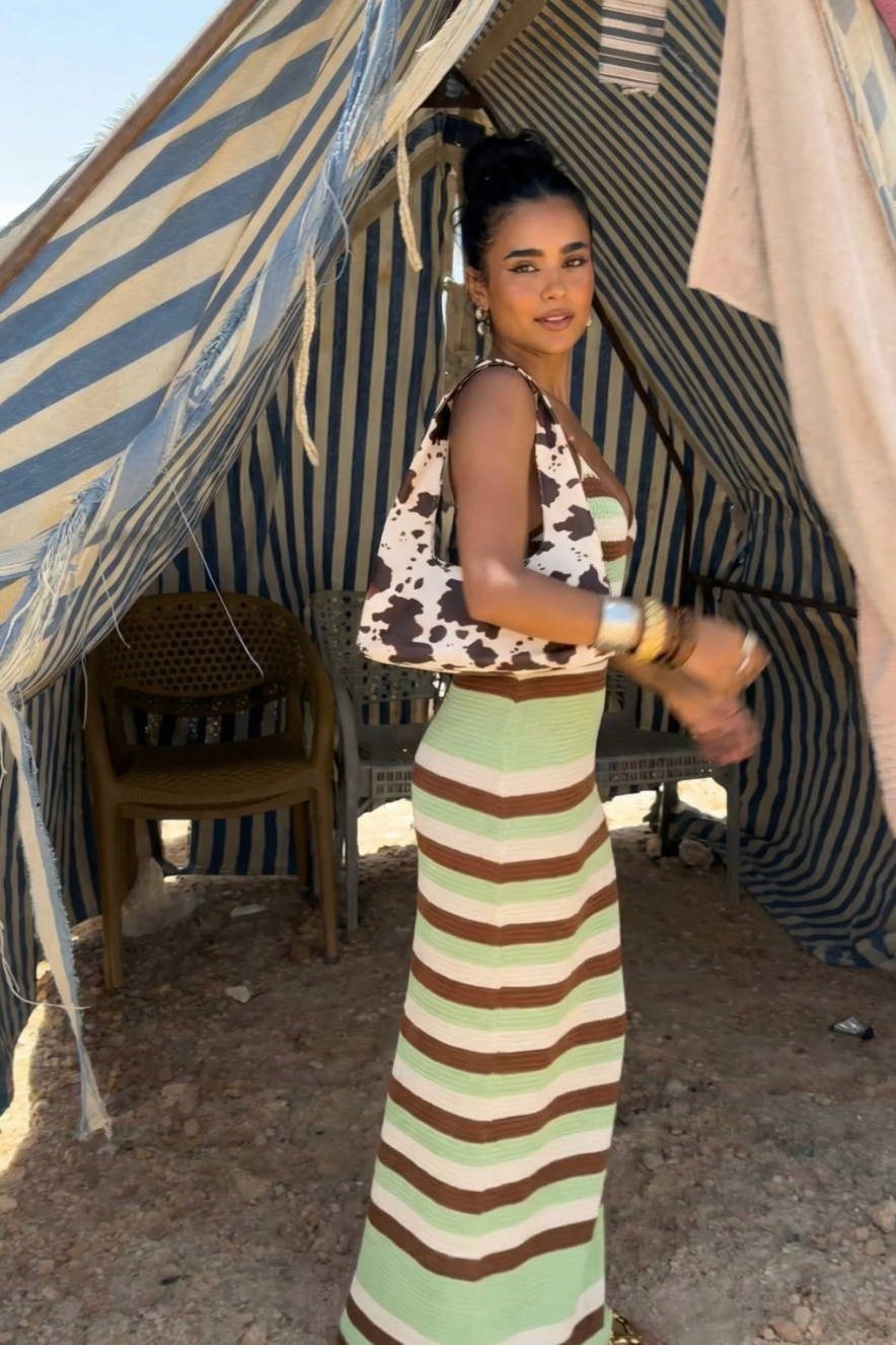 Mint & Mocha Striped Backless Maxi Dress