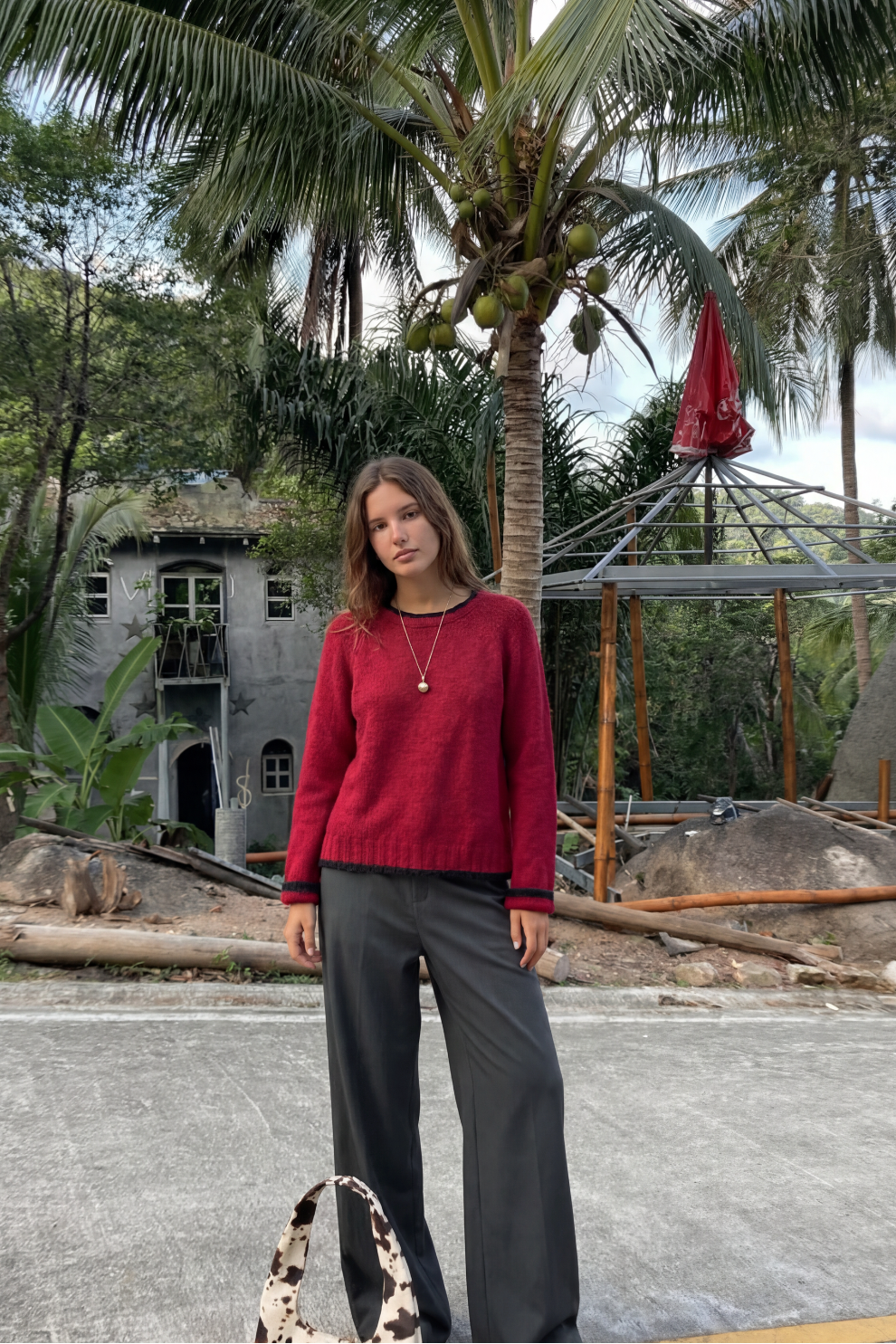 RED CONTRAST KNIT SWEATER