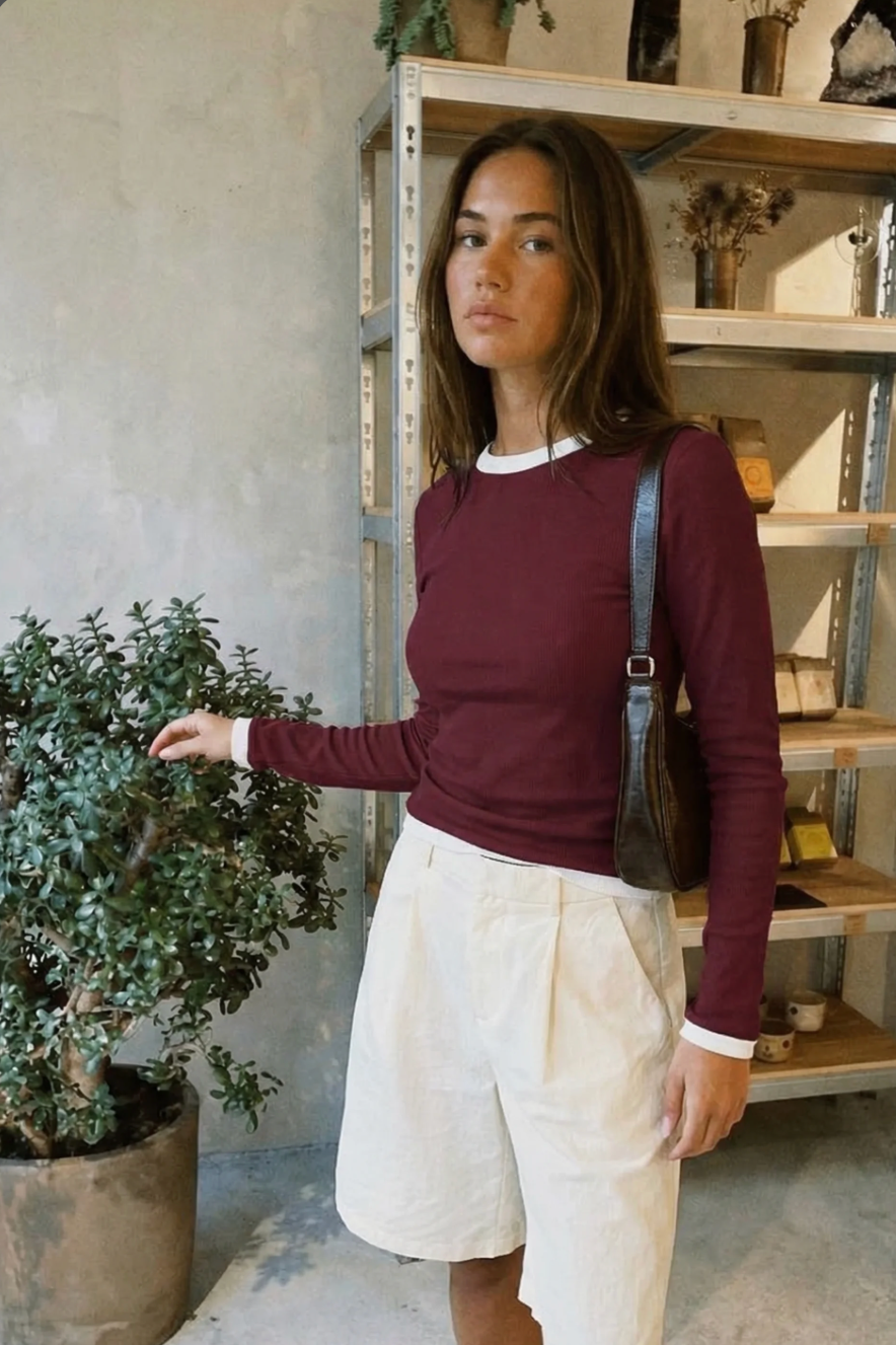 Musera Burgundy Contrast Rib Knit Top