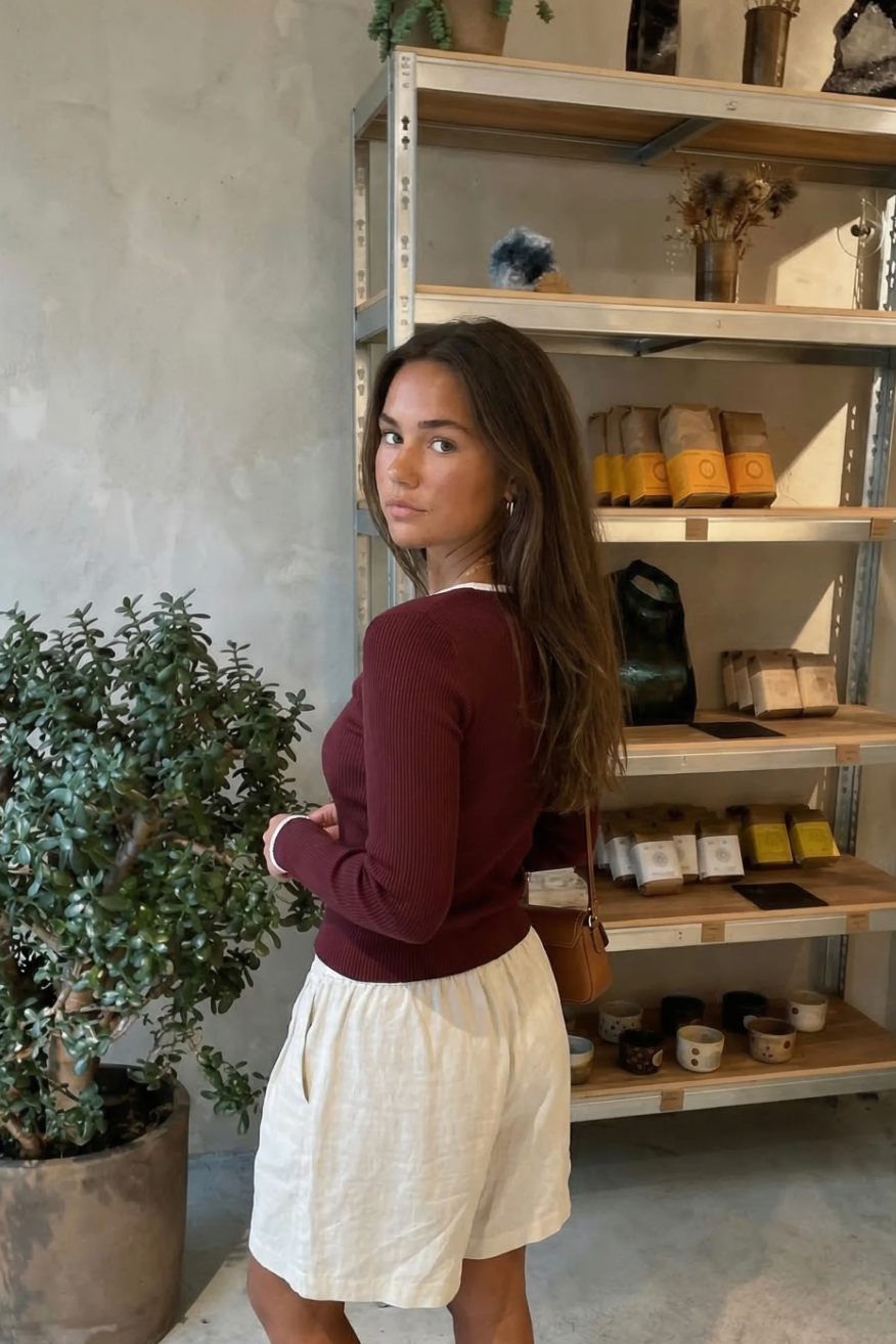 Musera Burgundy Contrast Rib Knit Top