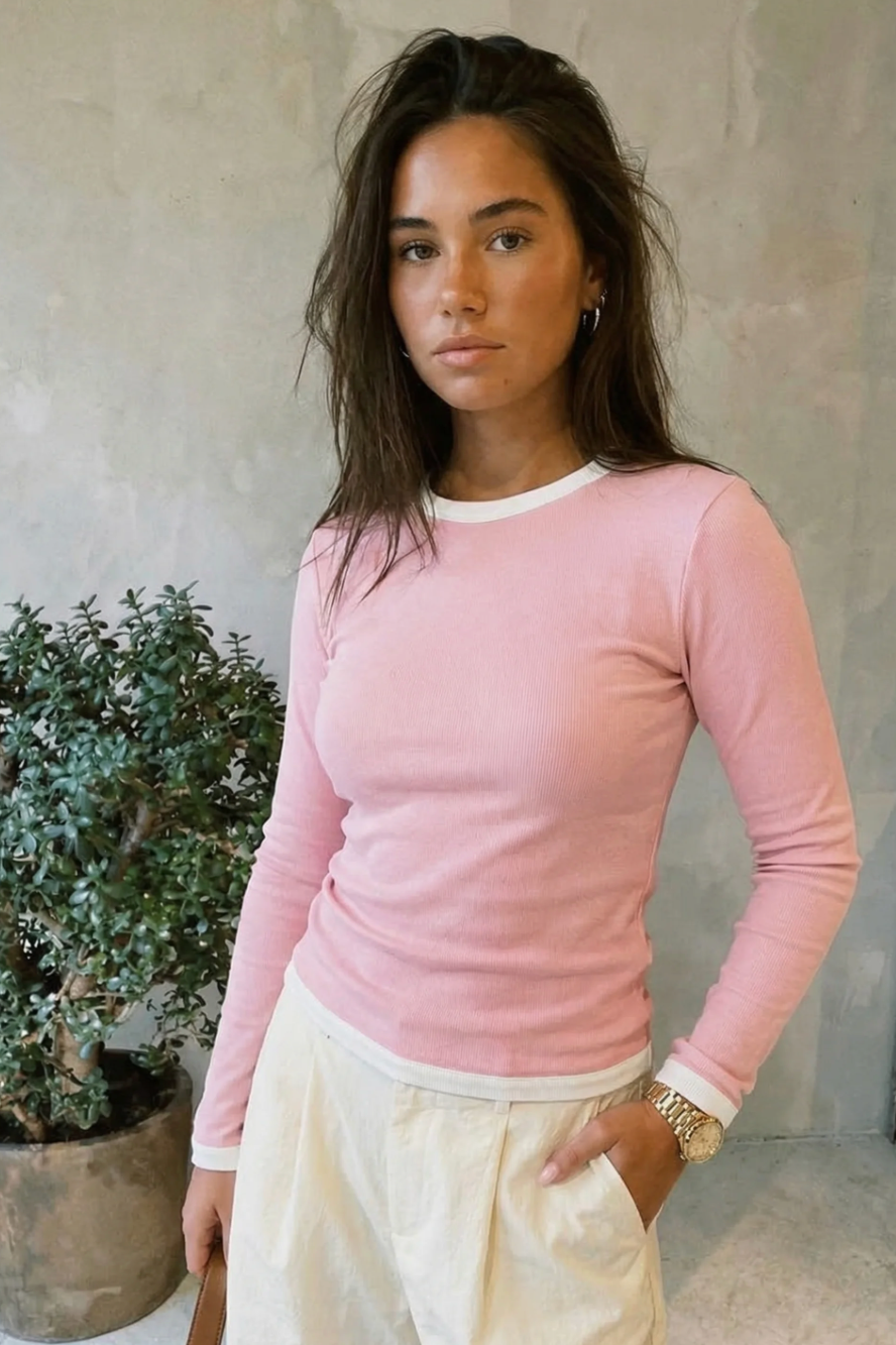 Musera Pink Contrast Rib Knit Top