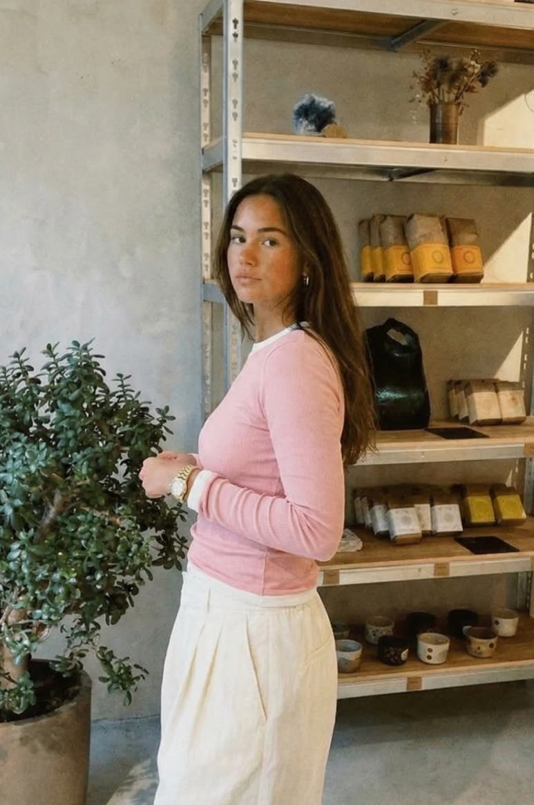 Musera Pink Contrast Rib Knit Top