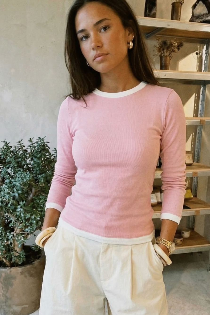 Musera Pink Contrast Rib Knit Top