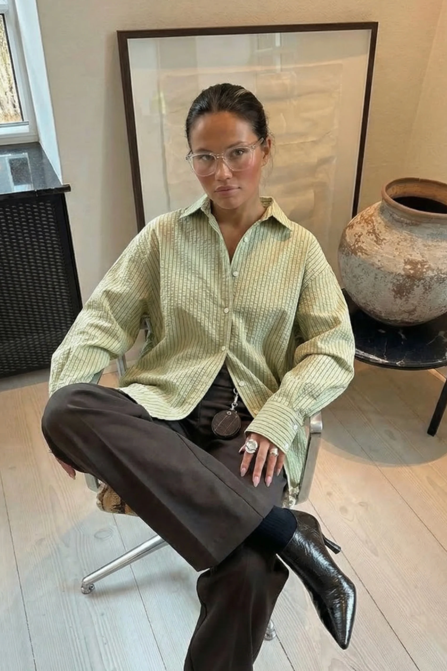 Athiral Oversized Striped Shirt - Sage Green