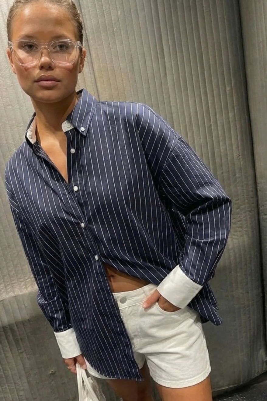 Athiral Oversized Contrast Striped Shirt - Navy