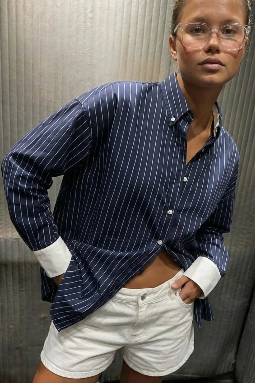 Athiral Oversized Contrast Striped Shirt - Navy