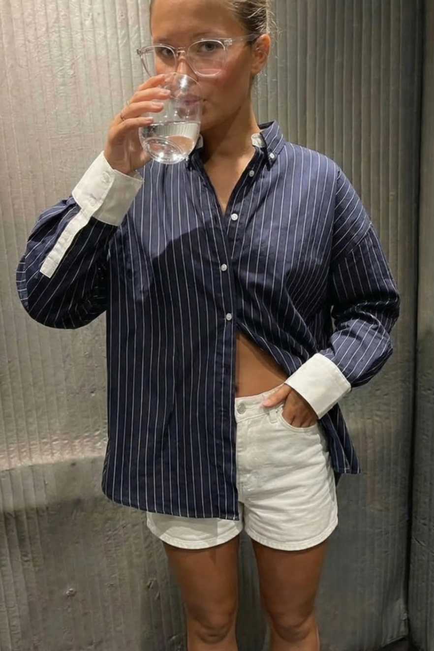 Athiral Oversized Contrast Striped Shirt - Navy