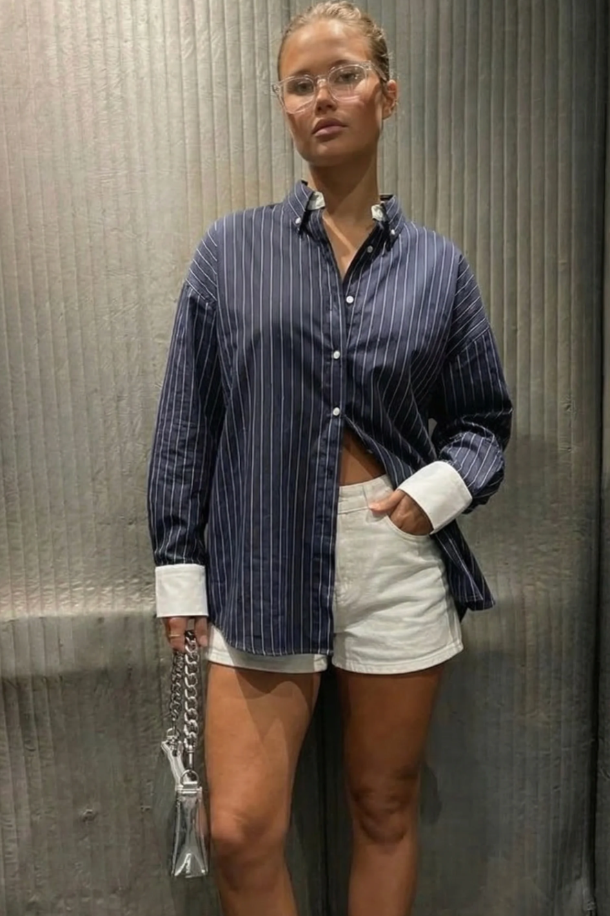 Athiral Oversized Contrast Striped Shirt - Navy